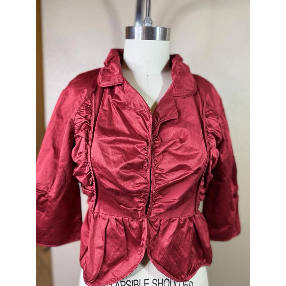 ARDEN B FABULOUS SHIMMERY METALLIC RED RUCHED RUFFLE SHORT PEPLUM JACKET TOP S6
